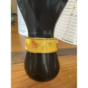 Vintage Enamel Floral Yellow Metal Bangle Bracelet 7” Gold Tone
